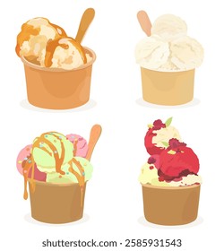 Set of sweet caramel, chocolate, strawberry, vanilla and pistachio ice cream balls in paper cup. Cartoon cold summer dessert illustration isolated on white.