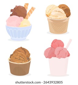 Set of sweet caramel, chocolate, strawberry and vanilla ice cream balls in paper cup. Cartoon cold summer dessert illustration isolated on white.