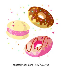 Set of Sweet cartoon chocolate and strawberry donut illustration with glaze on top. Collection of sweets doughnut with chocolate and strawberry isolated on white. Donut cartoon icon