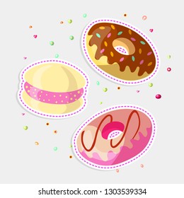 Set of Sweet cartoon chocolate and strawberry donut illustration with glaze on top. Collection of sweets doughnut with chocolate and strawberry isolated on white. Donut cartoon icon