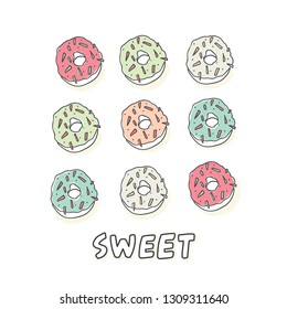 Set of sweet cartoon colorful donuts isolated on white background. Top View Doughnuts collection menu design, cafe decoration, delivery box, tshirt, fabric. vector illustration in flat style - Vector
