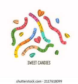 A set of sweet chewable candies. Jelly worms. Marmalades in the form of worms. Flat vector graphics.