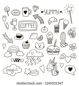 Set of sweet childish doodles. Vector clipart.
