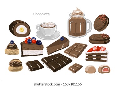 Set of sweet chocolate or coffee drinks and pastries. Vector isolated collection of food