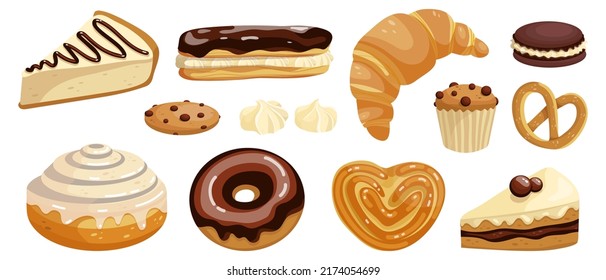 A set of sweet chocolate desserts, pastries.
Appetizing, donut, cupcake, croissant, cinnabon, buns, cake, eclair, pretzel. Cartoon vector graphics.