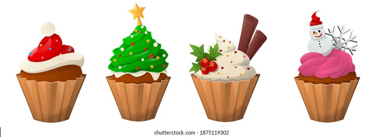 Set of sweet Christmas and New Year cupcakes and muffins isolated on white background. Christmas cupcakes cartoon. Creative element for Christmas design. Vector illustration