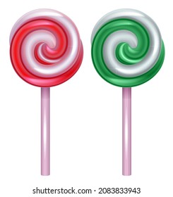 Set sweet christmas round lollipop spiral on stick. Mesh vector cartoon illustration isolated on white