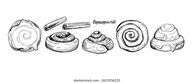 Set of sweet cinnamon buns and cinnamon sticks sketch with inscription. Vector tasty bakery food, yeast french dough, sweet nutrition crusty snack.Text with hand drawn element for cafe, menu, recipe