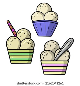 Conjunto de postres fríos dulces, helado de vainilla en un vidrio rayado con un tubo de azúcar ilustración vectorial de un fondo blanco