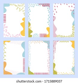 Set of sweet colorful backgrounds with hand drawn elements. Doodle art.  