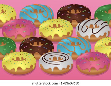 Conjunto de donuts dulces y coloridos. acristalamiento de colección de donut impecable con muchas salpicaduras decorativas sobre fondo rosa. ilustración vectorial de estilo realista