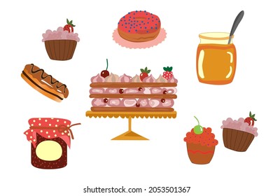 A set of sweet confectionery products: a donut, a large three-layer cake, cupcakes with cream, eclair, honey in a jar, raspberry jam. Isolated treats on a white background. Vector EPS10.