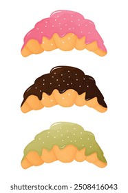 Conjunto de croissants doces. Croissant com chocolate, morango, caramelo e esmalte de pistache. Ilustração isolada de vetor para cartaz, banner, menu, publicidade. EPS 10 