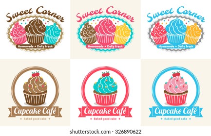 Set Of Sweet Cupcake Bakery Badge Label And Logo Design