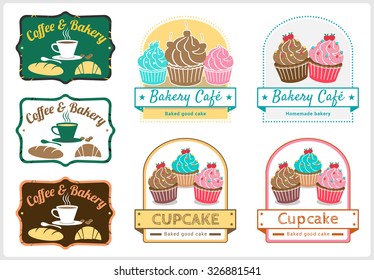 Set of sweet cupcake bakery coffee badge label and logo design