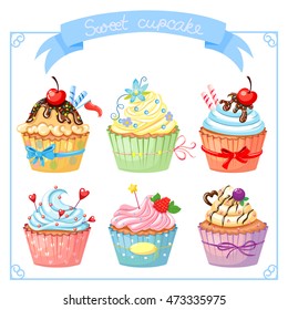 set with sweet cupcake. Isolated colorful dessert. Vector collection 