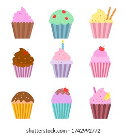 Set of Sweet Cupcake on white background.