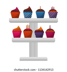 set sweet cupcakes with candles isolated icon