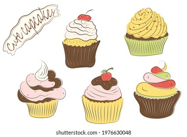 Set of sweet cupcakes with chocolate, vector. Some elements for your design of a bakery, cafe, restaurant, menu, packaging.