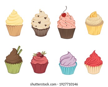 Set of sweet cupcakes. Collection of creamy muffins with decoration. Delicous food. Confectionery. Vector illustration of sweet baking on white background. 