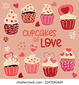 Set of sweet cupcakes. Collection of creamy muffins with decoration. Delicous food. Confectionery. Vector illustration of sweet baking on color background.