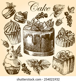 Set with sweet cupcakes and colorful macarons, hand drawing. Vector.