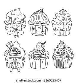 A set of sweet cupcakes with cream, heart, strawberry. Kawaii coloring page. Black and white illustration for kids coloring book.