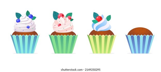 A Set Of Sweet Cupcakes With Different Fillings, Cream, Mint And Berries Isolated On A White Background. Muffins, Pastries, Fresh Cakes For A Tea Party In A Cafe.