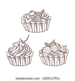 Set of sweet cupcakes. Muffins with cream, berries and decoration.
