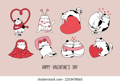 Set of sweet cute cats in love. Vector design concept for Valentine's day. Character illustration doodle cartoon style.