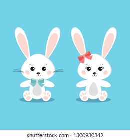 Set of sweet and cute white bunny rabbits boy and girl in sitting pose isolated icon on blue background in cartoon flat style. Vector clip art character children illustration. 