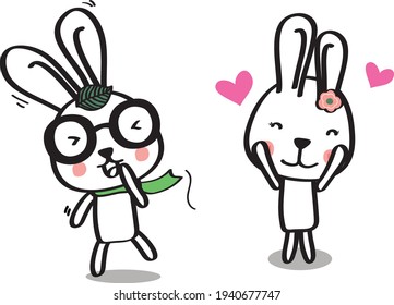 Set of sweet and cute white bunny rabbits boy and girl. Rabbit cartoon vector collection.