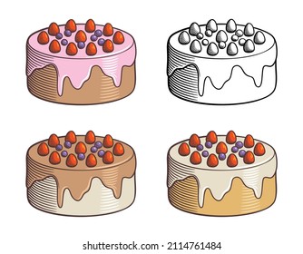 Set of sweet delicious cakes with berries, chocolate, cream, souffle, fruit syrup and jam. Black and white and colored version. Retro style vector illustration