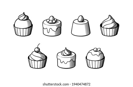 Set of sweet delicious cakes with cream and berries. Black and white vector illustration in retro style