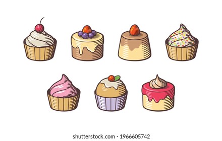 Set of sweet delicious cakes. Tasty cupcakes, muffins and caramel pudding with strawberry, blueberry, cherry, cream and chocolate. Retro style colored vector illustration