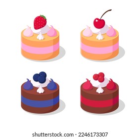 A set of sweet delicious mini cakes. Vector illustration in cartoon style. Chocolate and vanilla biscuit stuffed with strawberry, cherry, blueberry and cranberry. For restaurant and bakery menus.