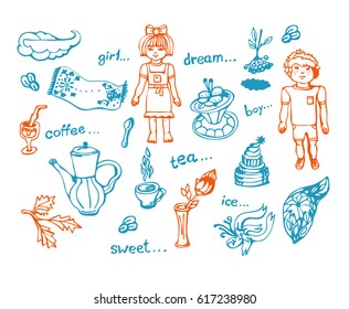 Set of sweet design elements with children and things for tea party. Easy to change and repaint.