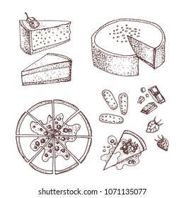 Set with sweet and dessert:  cakes, pies, tarts,cheesecake, cookies, chocolate and strawberry . Design elements in sketch style. Hand drawn doodle sweet bakery products.  Isolated on a white backgroun