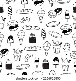 set of sweet dessert icon. hand drawn vector. seamless pattern with sweet dessert. ice cream, bread, croissant, cupcake, donut and milk illustration. black and white colors. wallpaper, fabric, textile