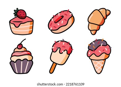 Set of sweet dessert illustration design. Collection of ice cream, doughnut, and cake