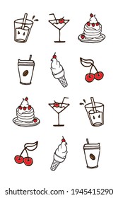 set of sweet dessert isolated on white background. red and white icon. ice cream, cocktail, pancake, a cup of coffee, and cherry. hand drawn vector. doodle art for clipart, logo, label, wallpaper.