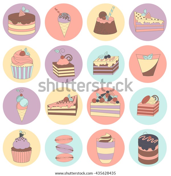 Set Sweet Dessert Line Icons Pastel Royalty Free Stock Image