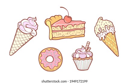 set of sweet desserts cartoon vector illustration hand drawn colored. Cake, pastry and ice cream for desing