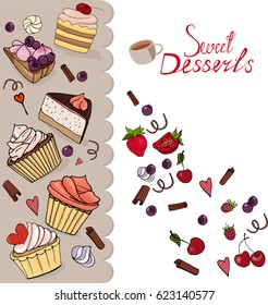 A set of sweet desserts. Confectionery, muffin, cookies, pie, cake, berries, chocolate, fruit and cream. White background. Red, yellow and brown. For the design of ads, postcards, restaurant menus.