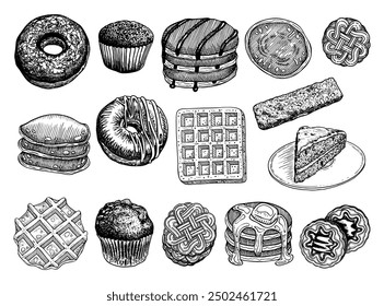 Set sweet desserts hand drawn sketch. Sugar baked food. Sponge cake, waffle, pancake, donut, cookie, muffin, bar. Confectionery products. Tasty snack. Vector line art illustration.