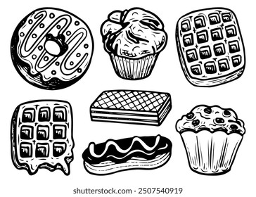 Set of sweet desserts hand drawn doodle. Cupcake, waffle, donut with cream. Baked biscuit snack. Confectionery food. Sugar pastry. Bakery product. Vector outline line art illustration.