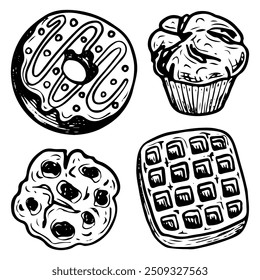 Set of sweet desserts hand drawn doodle. Cupcake, waffle, donut with cream, oatmeal cookie. Baked biscuit snack. Confectionery food. Sugar pastry. Bakery product. Vector outline line art illustration.