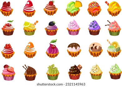 Set of sweet desserts for the holidays.Delicious sweet cupcakes with sprinkles, icing and berries. Vector food set.