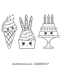 Juego de postres dulces, caracteres kawaii, ilustración vectorial en estilo doodle, contorno negro