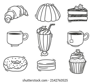 Set sweet and desserts for menu. Doodle sketch black line hand drawn Vector illustration